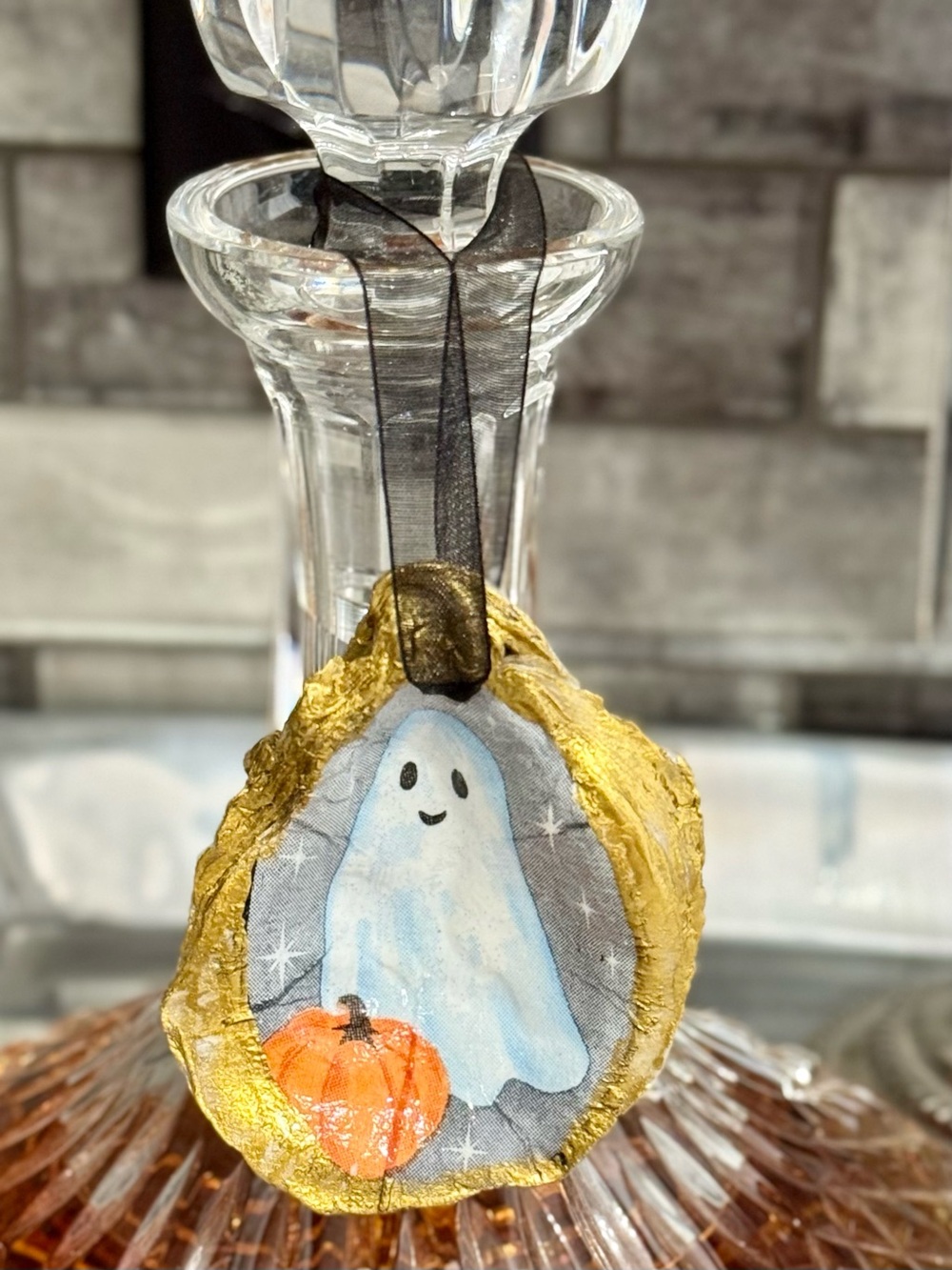 Hand Crafted Halloween Ghost Oyster Shell Ornament 3”